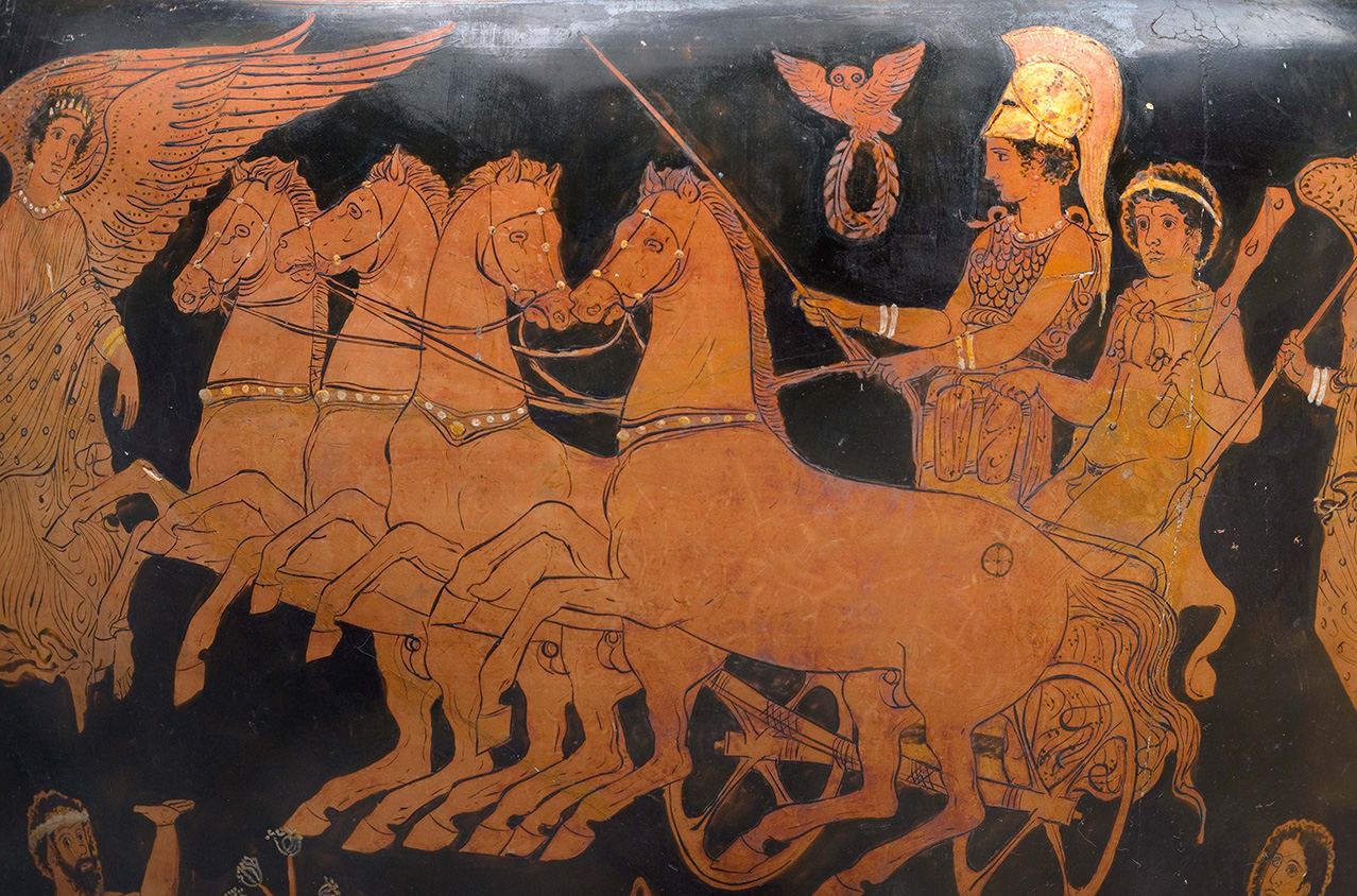 1. Héraclès dans le char d’Athéna, détail repris par Ingres dans un de ses tableaux, vers 400-390 av. J.-C. Cratère apulien, inv. A.1018 © Musées royaux d’Art et d’Histoire