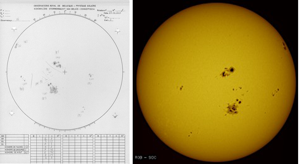3. Une illustration de dessin de taches solaires et l’image correspondante fait le 29/10/2003. Le dessin est inversé par rapport à l’image, car il s’agit d’une projection. Crédit : USET/SIDC/ORB.