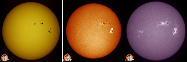 4. Images du soleil prises le 06/09/2017 dans différentes longueurs d’onde. Sur les deux figures de droite, on voit deux rubans brillants correspondant à une éruption solaire. Crédit : USET/SIDC/ORB